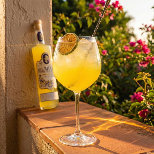 Limoncello Spritz con limoncello Mozzafiato en copa con hielo y rodaja de limón